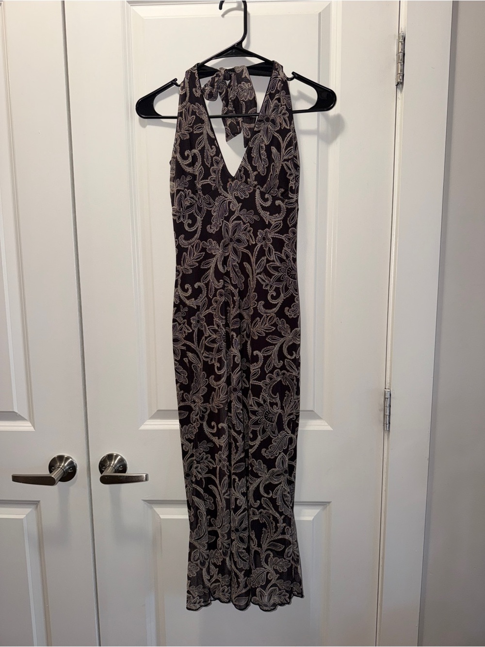 See You Monday Halter Midi Dress with Paisley Lace Print - Black & Taupe